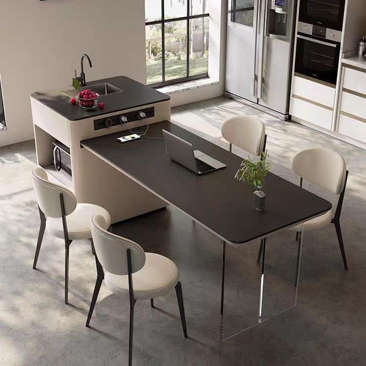 伸缩实木岩板岛台餐桌一体现代简约奶油风家用小户型水槽岛台桌子