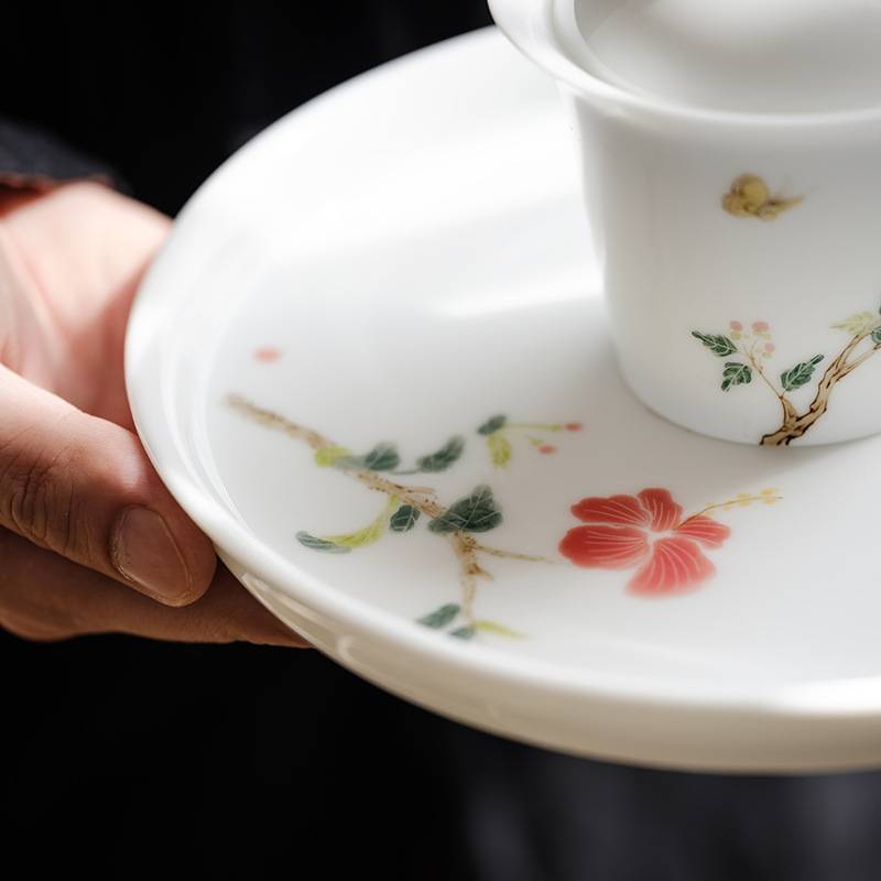 复古陶瓷玉瓷轻奢釉下彩茶盘景德镇手绘壶承白瓷干泡盘壶承扶桑花