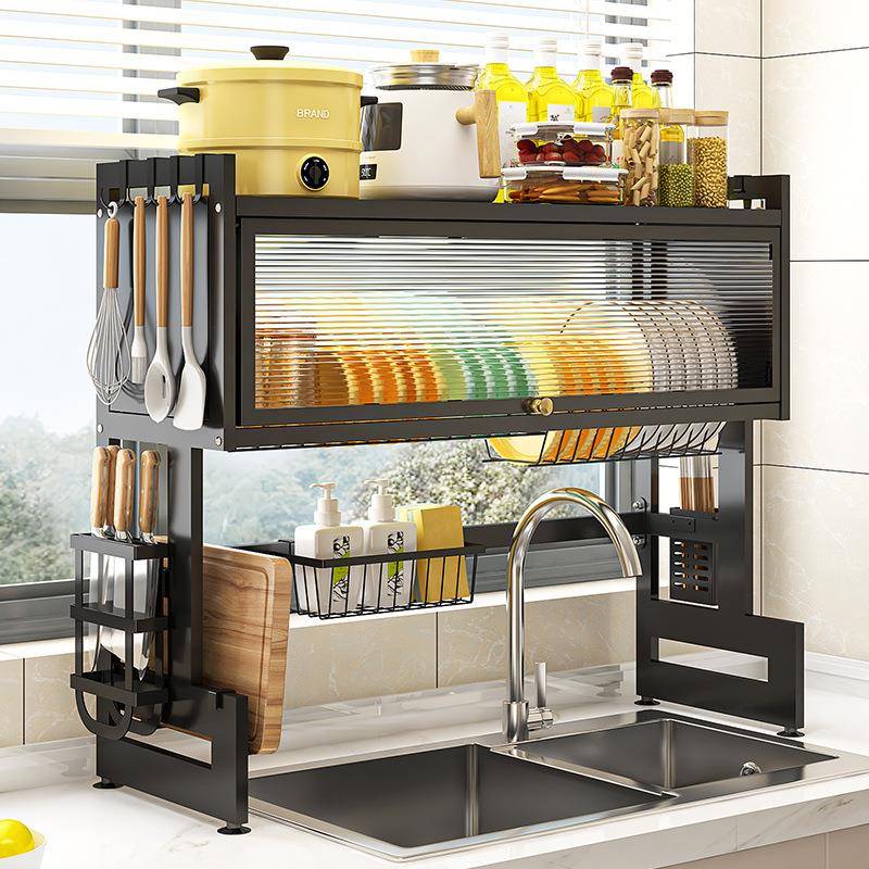 水槽置物架厨房台面带柜门碗碟架碗盘收纳架多防尘功能碗柜沥水架