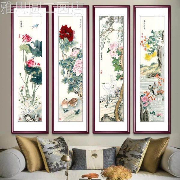 网红国画花富贵四条屏玄关开画中式客厅秋装饰画花鸟图四联春夏冬