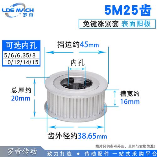 涨紧套同步轮5M25齿5M25T同步皮带轮 槽宽16 内孔5-15 铝合金带轮