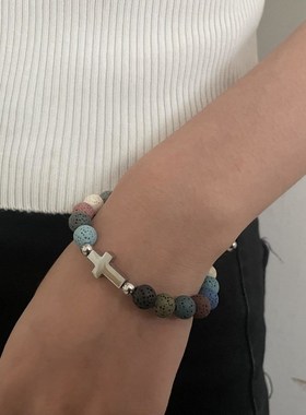 加格 彩色火山石圆珠手链十w字架拼接手工不锈钢配饰潮男嘻哈饰品