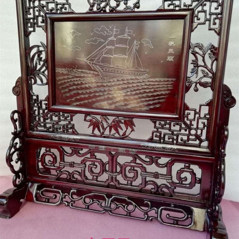 促销潍坊特色工艺品红木嵌银丝漆器方H屏风高档锦盒中国风礼品摆