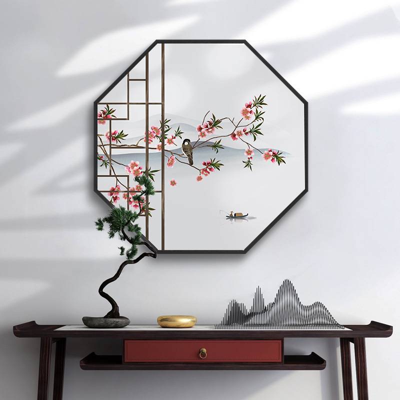 中国风客厅装饰画祥瑞花鸟八边形玄关走廊挂画新中式餐厅饭店墙画图片