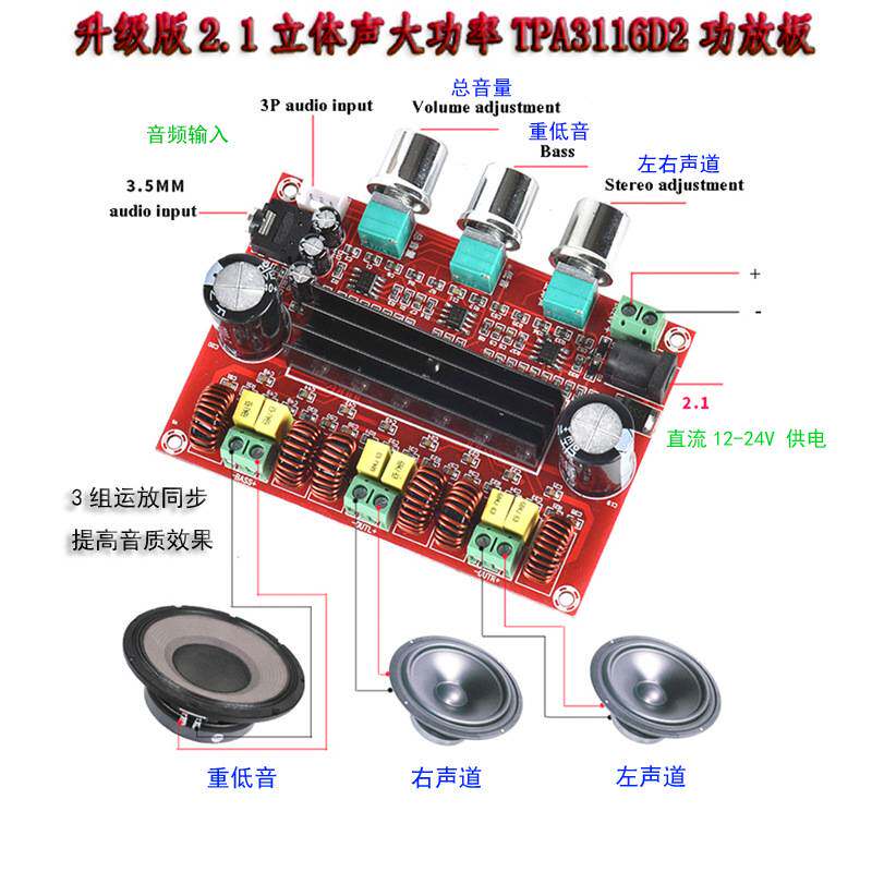直流12V 24V TPA3116D2立体声2.1大功率双80W+100W数字家用功放板