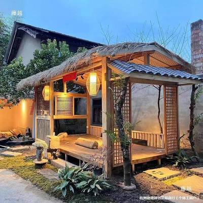 户外庭院网红茅草木屋茶室别墅民宿防腐木农家乐室外造景小木