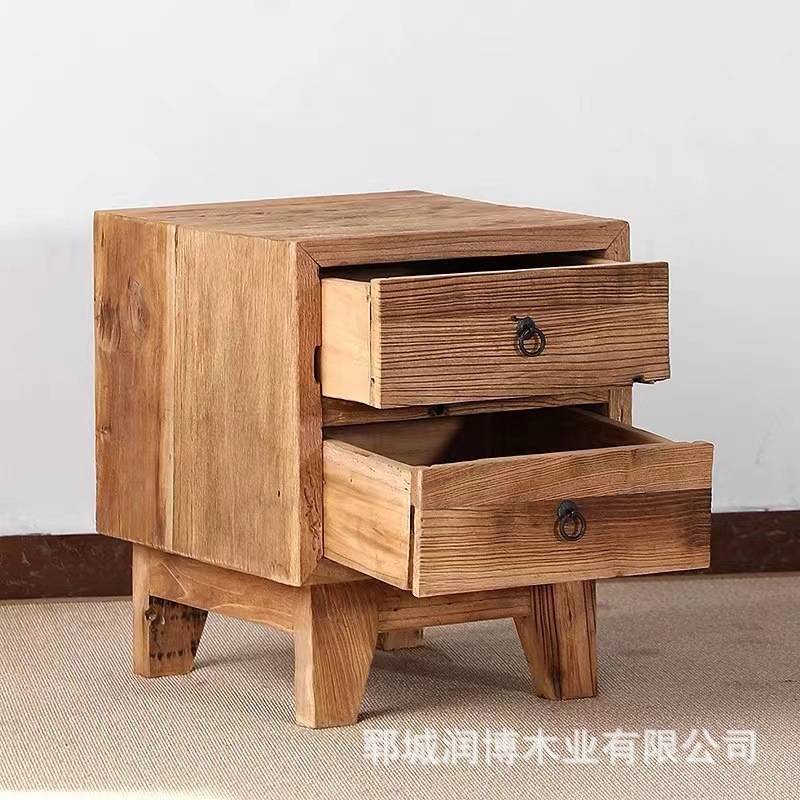 老榆木新中式实木床头柜整装简约储物柜带抽屉柜二斗柜子卧室家具