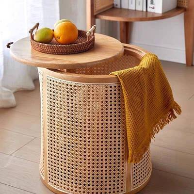 日式编复古置藤物角形几沙发侧小凳子边圆桌床头柜桌EUX子卧室圆