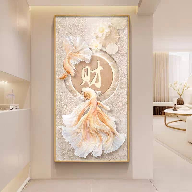 好运锦鲤入户玄关装饰画新款创意高档客厅挂画轻奢走廊过道壁画图片