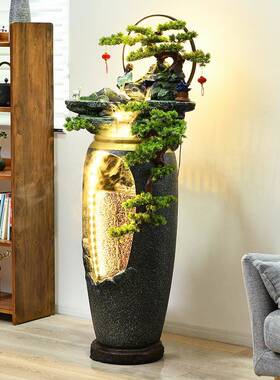 新中式流水喷电视旁边轻家居花瓶泉玄柜关客1368厅装奢饰落地假山