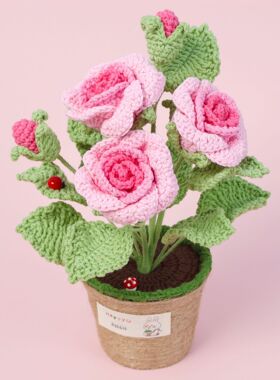 成品跨境手工钩织美好爱情蔷薇仿真花大号盆栽毛线编织假花摆件