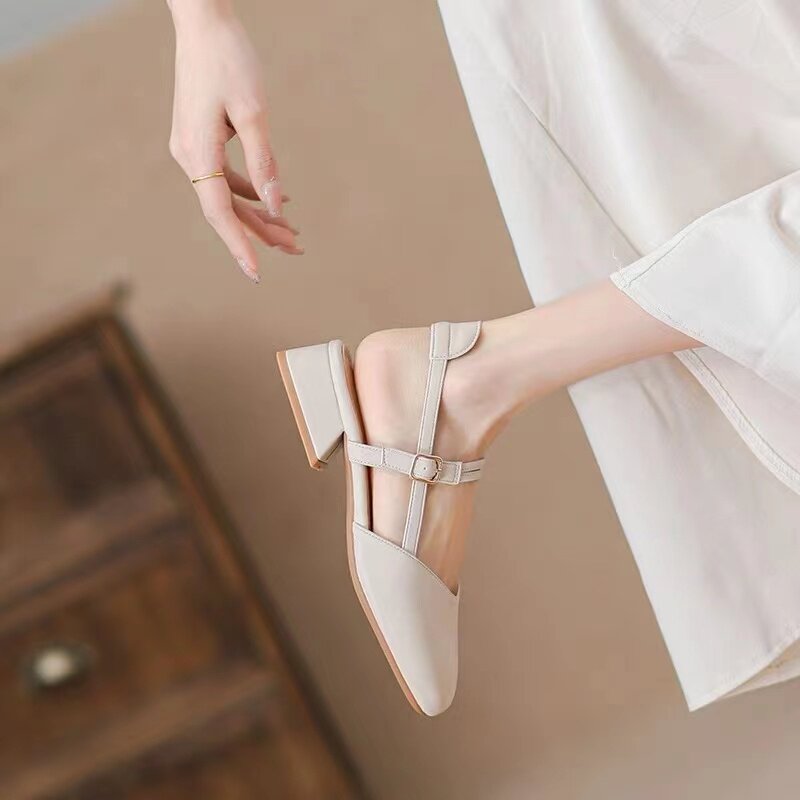 真皮包头凉鞋女2023夏季新款百搭粗跟配裙子仙女风中跟一字带女鞋