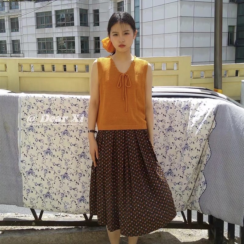 日了个韩宽松复古百搭减龄高腰显瘦中长款百褶碎花半身遮胯伞裙
