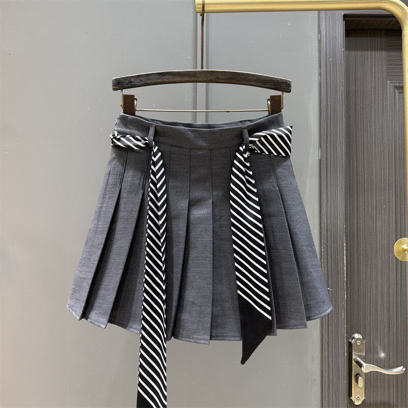 学院风灰色西装短裙女减龄气质a字百褶裙夏季新款高腰显瘦半身裙
