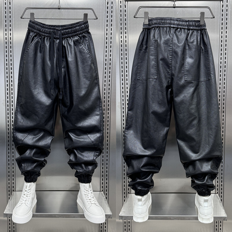 男款冬季加绒加厚皮裤潮流百搭束脚外卖骑行防风防寒宽松哈伦裤