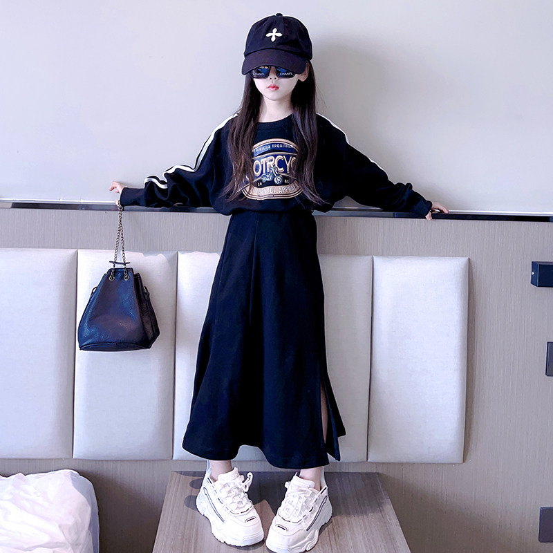 女童春装2023新款洋装网红女大童韩版休闲装时髦儿童开叉套裙潮