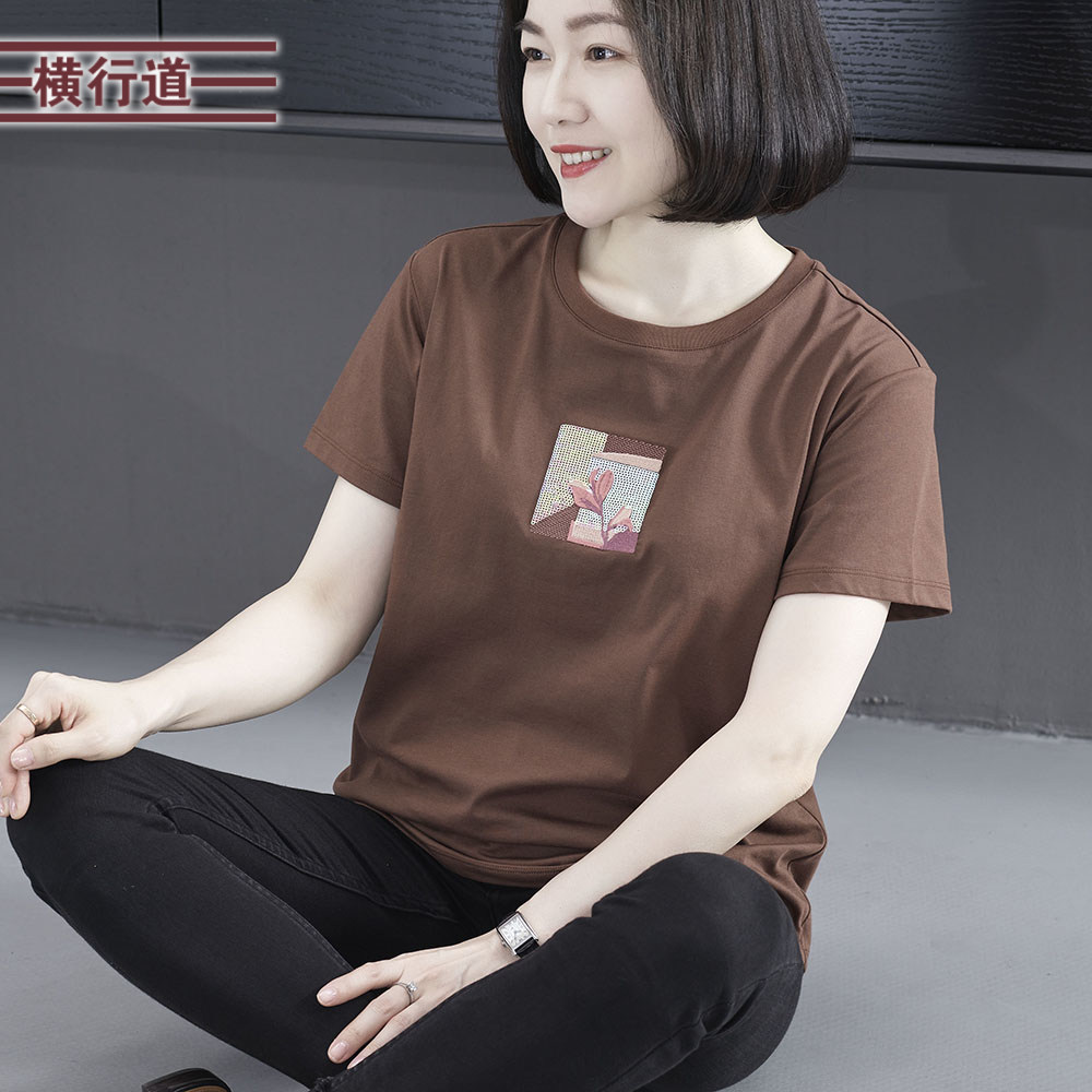 2024夏季新款简约休闲圆领珠绣宽松短袖T恤女妈妈装外穿大码上衣