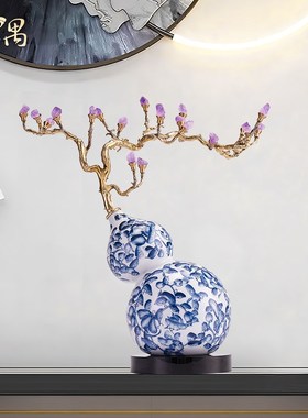 新中式青花瓷葫芦摆件高级感客厅玄关书房边几博古架装饰乔迁礼品