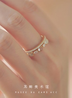 A水晶钻双层2023戒指指环女小众设计时尚个性高级感开口复古食指