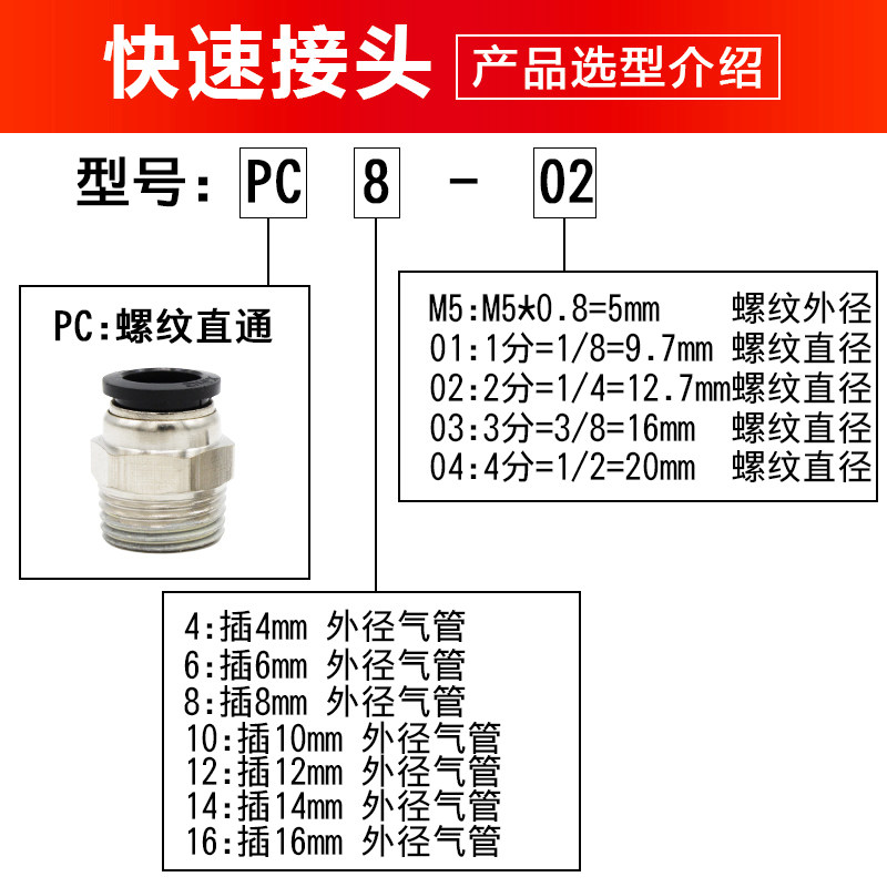 黑色铜镀镍快速接头PC8-02螺纹直通4-M5气管快插6-01/10-03/12-04
