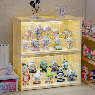 带灯感应手办展示柜集装箱盲盒收纳架泡泡玛特乐高积木摆件透明盒