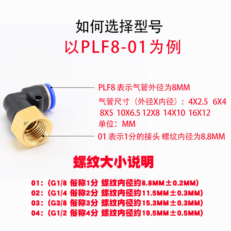 气动快速插接头弯头90螺纹PLF6-01/8-02/10-03/12-04/4-01