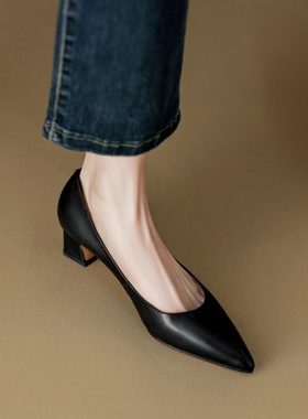 软软软~巨舒服！Corso Venezia羊皮黑色高跟xie女粗跟ol工作浅口