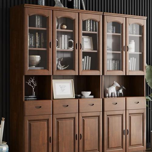 实木橡木书柜带玻璃三门中式书架储物柜立柜学生书橱办公室文件柜