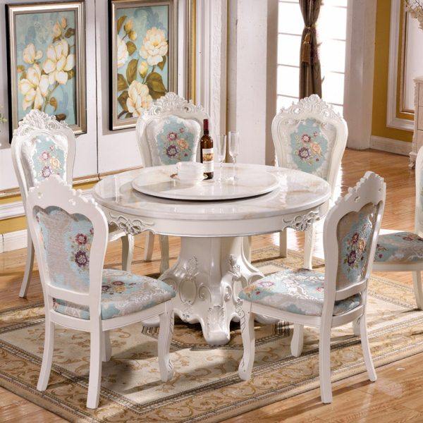 大理石饭桌1桌6椅简约欧式圆桌带转盘实木圆形餐桌椅组合家用桌子