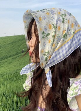 棉麻小方巾清新透气女柔软文艺装饰小丝巾夏围巾女百搭碎花小围巾