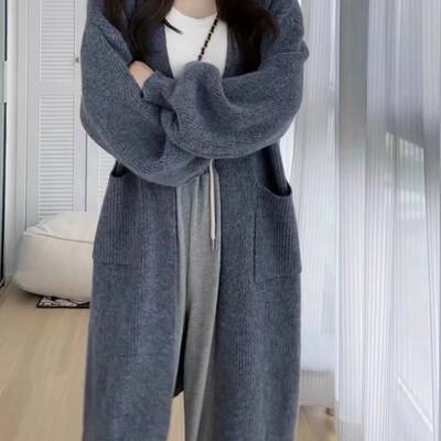 时尚中长款毛衣开衫外套女春秋加厚过膝慵懒风宽松小个子针织外搭