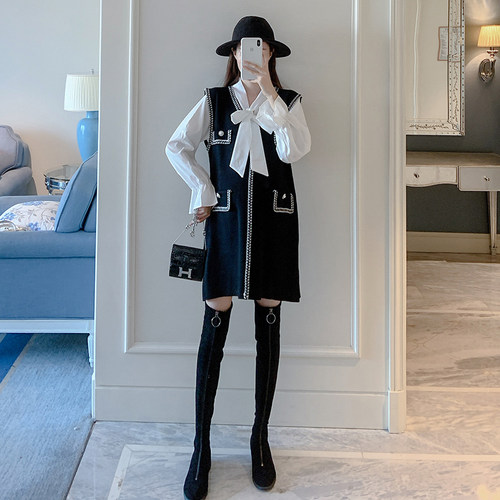 孕妇装2021韩系简约黑色拼接孕妇中长款v领长袖连衣裙潮妈