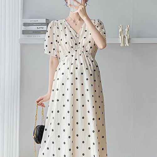 孕妇装夏装时尚V领雪纺简约显瘦泡泡袖波点裙宽松夏季孕妇连衣裙