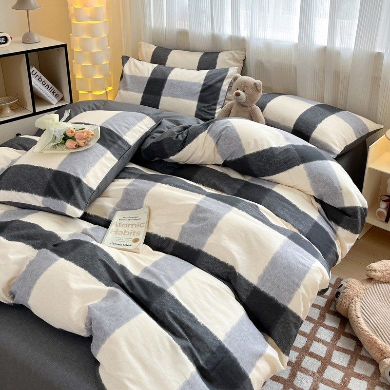 简约四件套全棉纯棉格子黑白学生宿舍被套床单三件套床笠床上用品