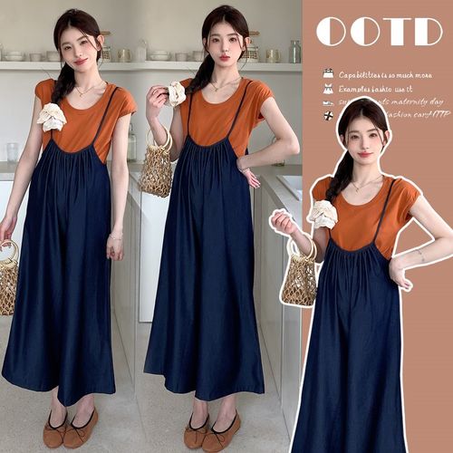 孕妇装2024新款时尚夏装休闲套装短袖上衣背带裤时髦夏季两件套潮