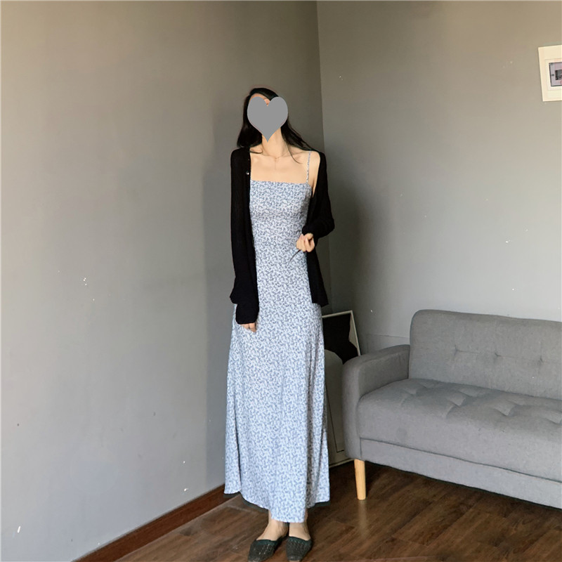 平口打揽细带吊带裙油画小碎花连衣裙一字领遮副乳长款到脚踝长裙,女装/女士精品,连衣裙,淘宝优惠券,粉丝福利购,淘宝优惠卷