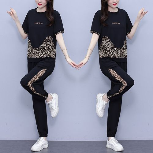 夏季新品一整套不起球不掉色短袖套装豹纹时尚纯棉卫衣大码女装潮