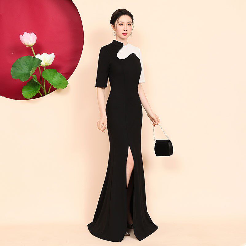 导师服改良版走秀日常23中国风年轻款少女鱼尾黑色表演旗袍连衣裙