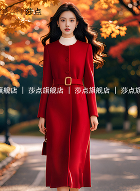 2024秋冬新款大衣红色修身显瘦中长款高级感年轻显瘦百搭毛呢外套