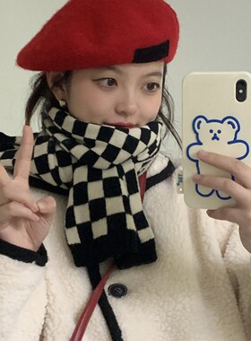小众棋盘格子针织毛线围巾女秋冬季黑白格纹韩版百搭学生春秋围脖