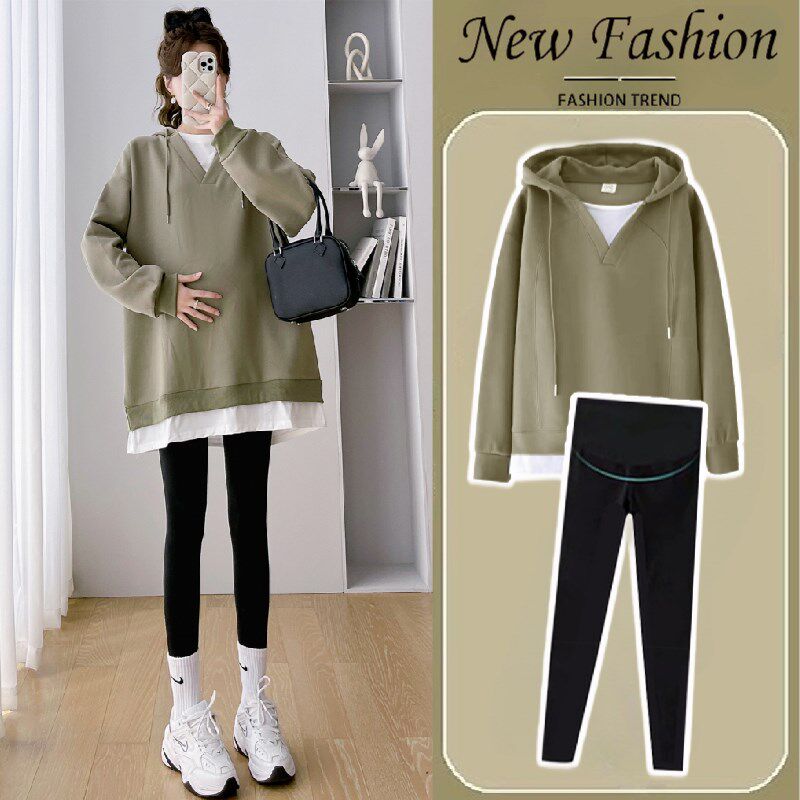 孕妇秋装套装2023时尚款洋派时髦连帽上衣卫衣秋冬宽松大尺码两件