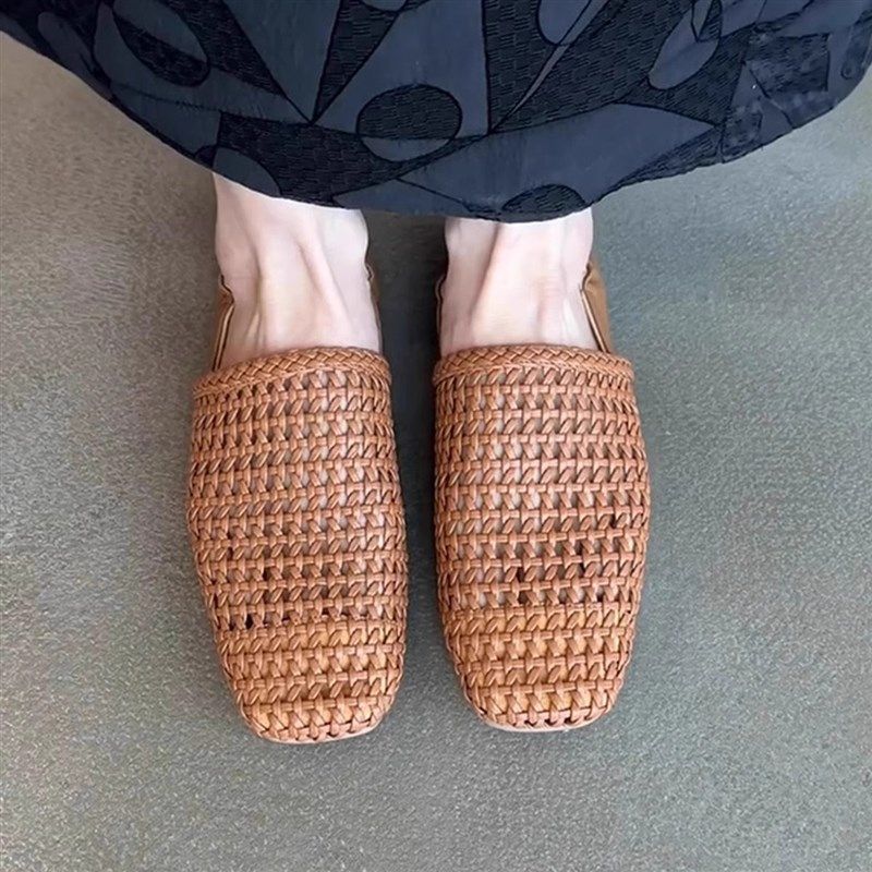 绝美版~复古一脚蹬编织镂空透气单鞋H子女外穿软皮方头百搭平底鞋,女鞋,深口单鞋,淘宝优惠券,粉丝福利购,淘宝优惠卷