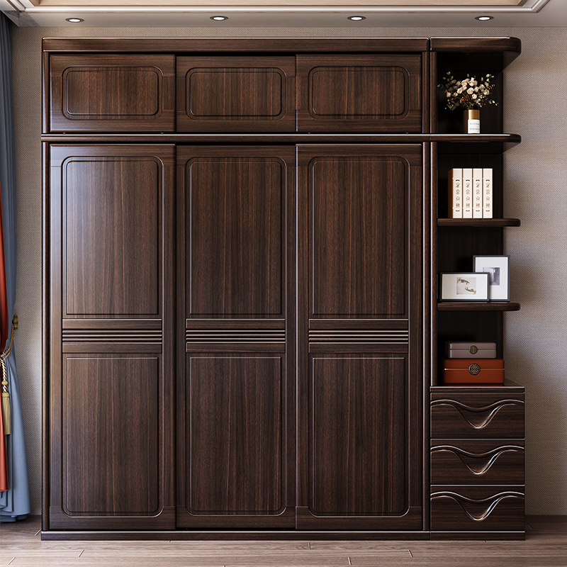 紫金檀木衣柜新中式实木推拉门家用卧室大容量储物对开原木大衣橱