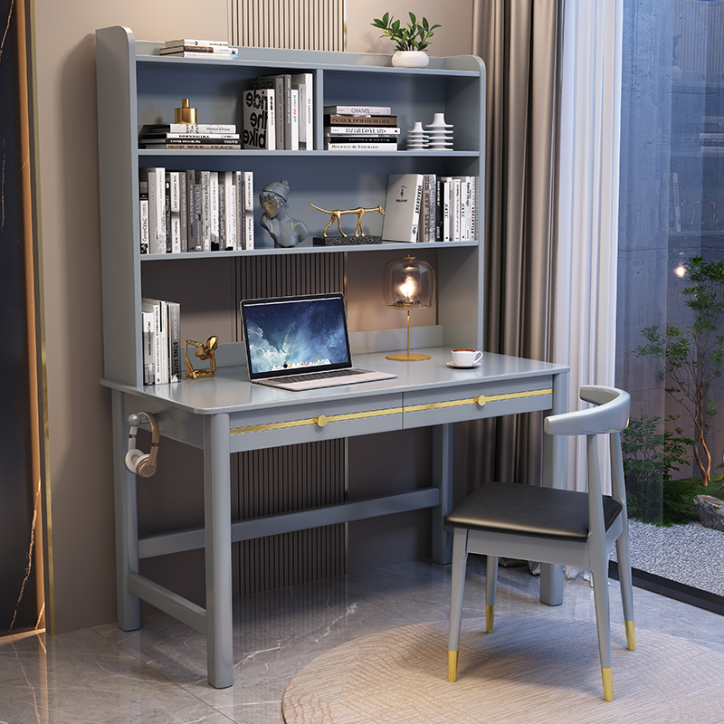 实木书桌书柜一体桌简约现代轻奢学习写字桌卧室台式电脑桌带书架