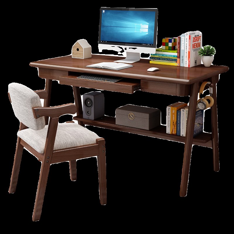 实木书桌简约电脑桌家用办公桌卧室儿童学习桌学生写字桌带键盘托