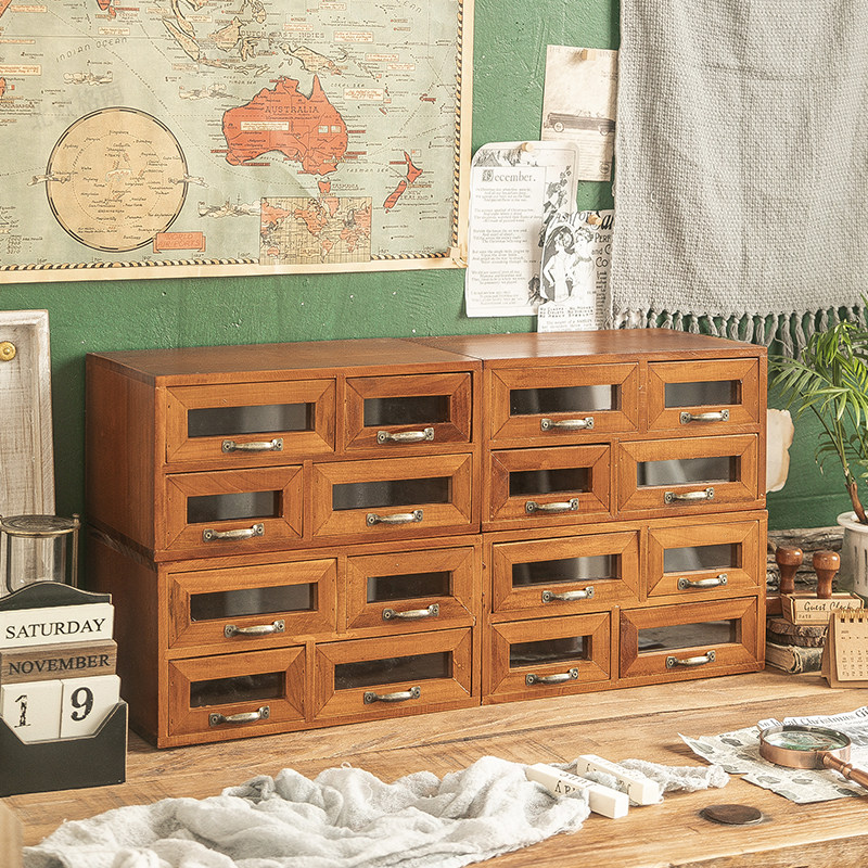 高档实木制收纳柜化妆品多层置物架首饰盒子复古桌面抽屉式收纳盒