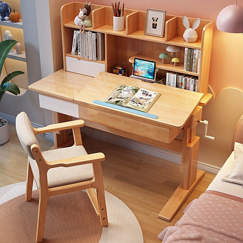 实木儿童学习书桌家用多功能书架一体写字桌卧室学生手摇升降桌子