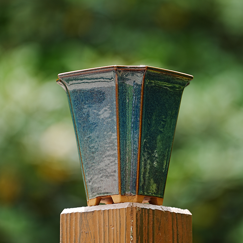 轻奢 秦夕洪金兔8号 海鼠釉四方抽角紫砂花盆 名家盆W 兰花 松柏