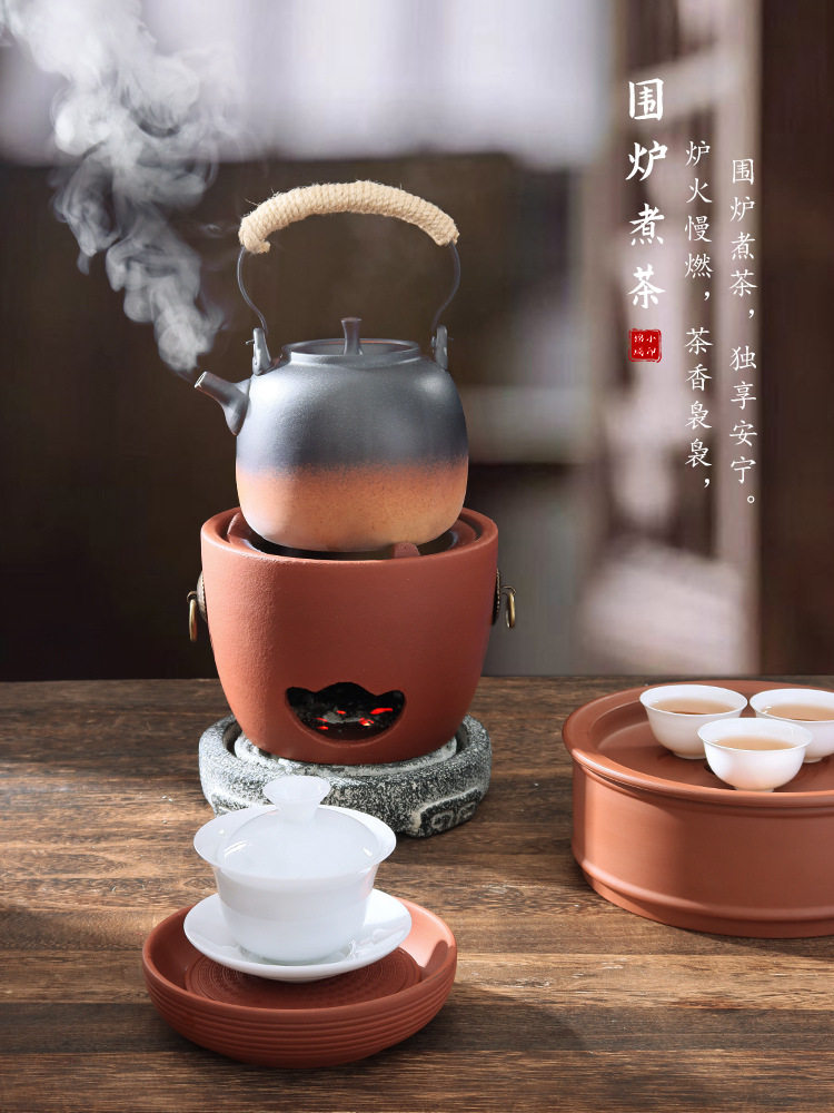 中式手工小炭炉红泥工夫茶炉橄榄碳炉陶瓷提梁壶潮汕复古围炉煮茶