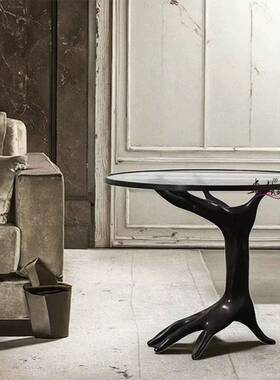 轻奢玻璃钢边几手状个性创意设计师钢化玻璃小圆桌客厅沙发角几